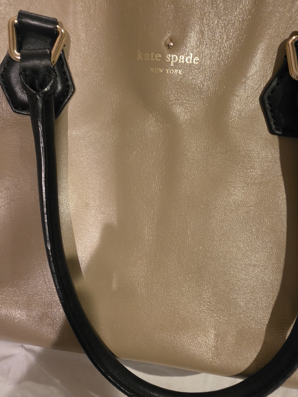 kate spade Beige Leather Satchel with Black Handles and Gold Hardware